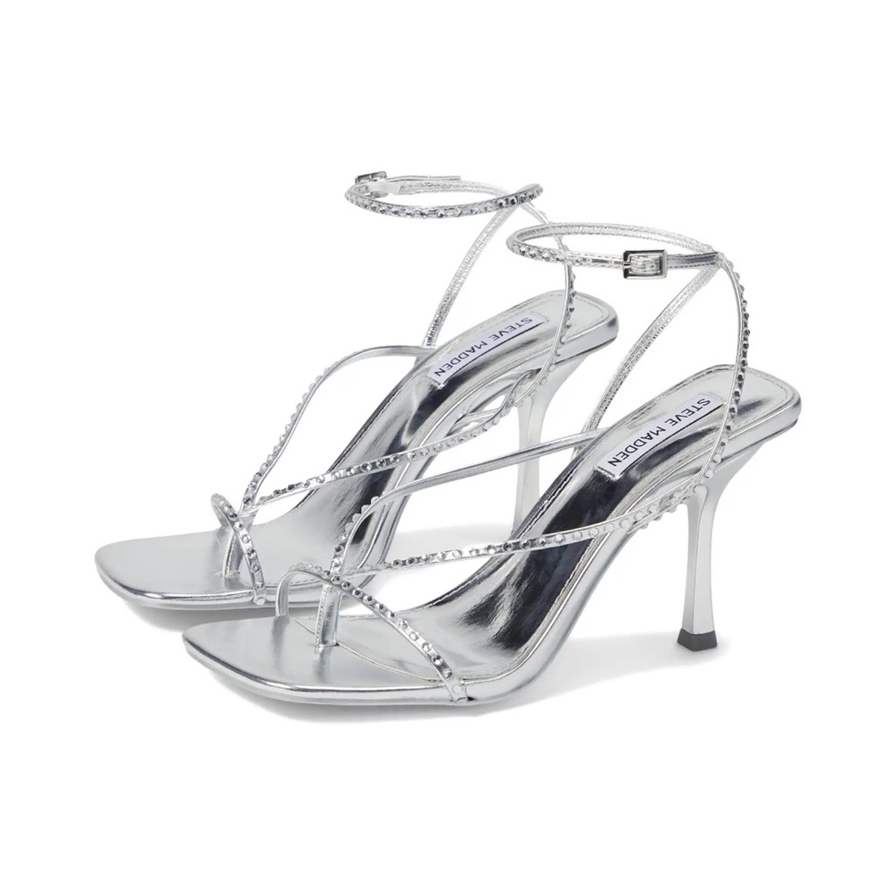 Steve Madden Annie Silver Rhinestone Square Toe Strappy Thong Dress Sandals